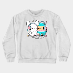 Cute bunny and big egg illustration with headphones listening to music, Best friends clipart Crewneck Sweatshirt